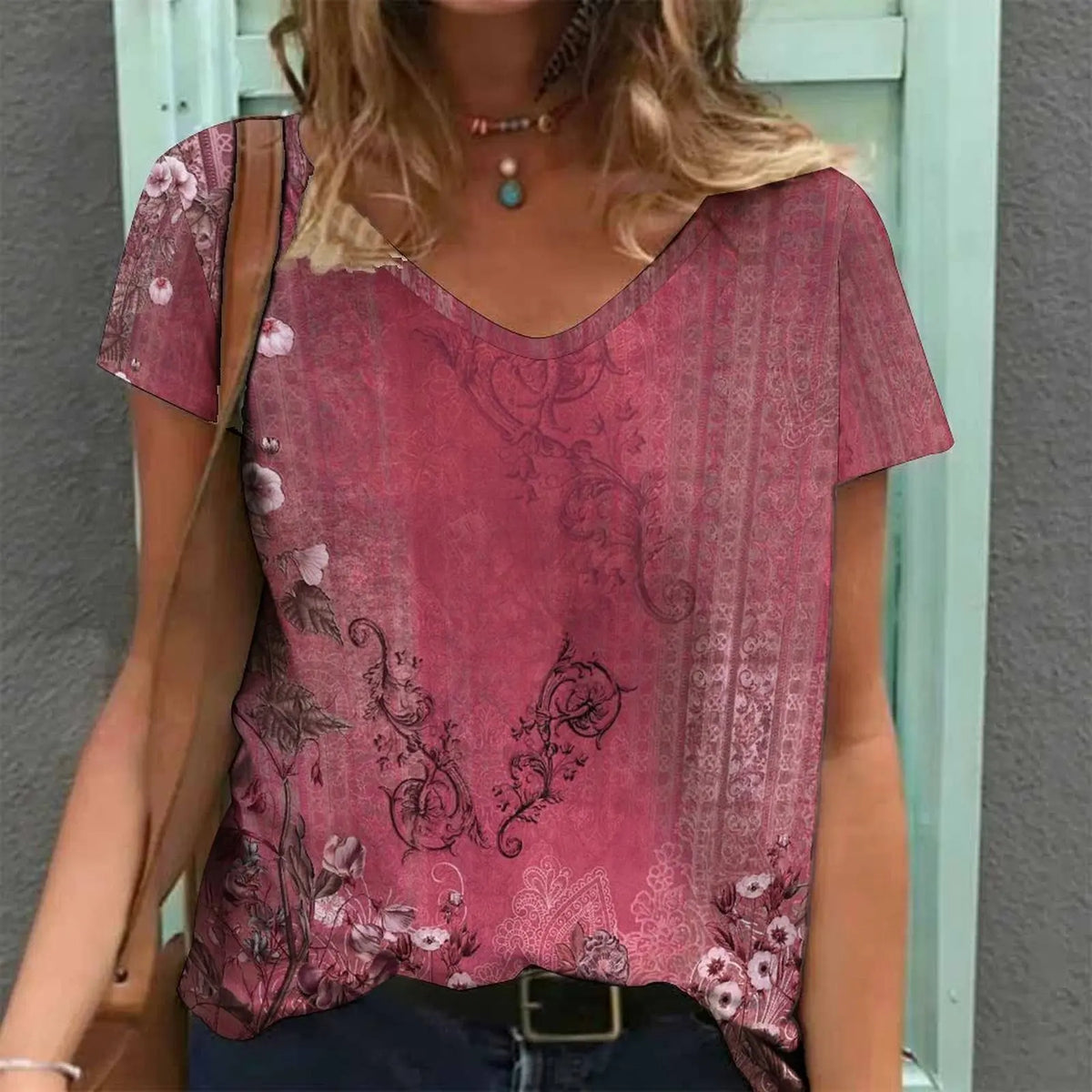 Oversized Print V-Neck Tunic Tee